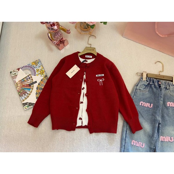 ミュウミュウ MiuMiuブランド子供セーター ロングパンツ セットアップ 女の子 カーディガン スーツガールズ トップス 2点セット 上下セット 110¬170CM キッズ パンツスーツ シャツプル オーバー ジュニア ニット重ね着カジュアル長袖春秋冬