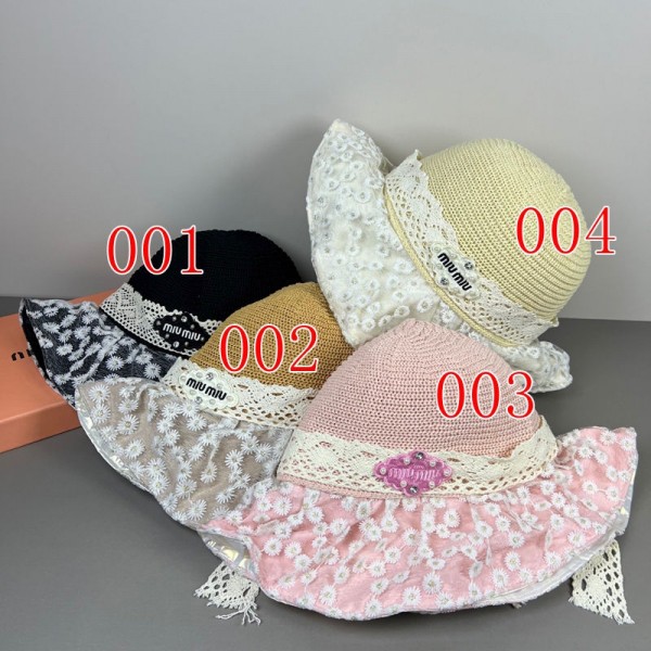 ブランドミュウミュウ MIUMIU 編み帽子 レディース 大きなつば ストローハット リボン 装飾 日よけ 夏 ファッション アウトドア 旅行 ビーチ 帽子