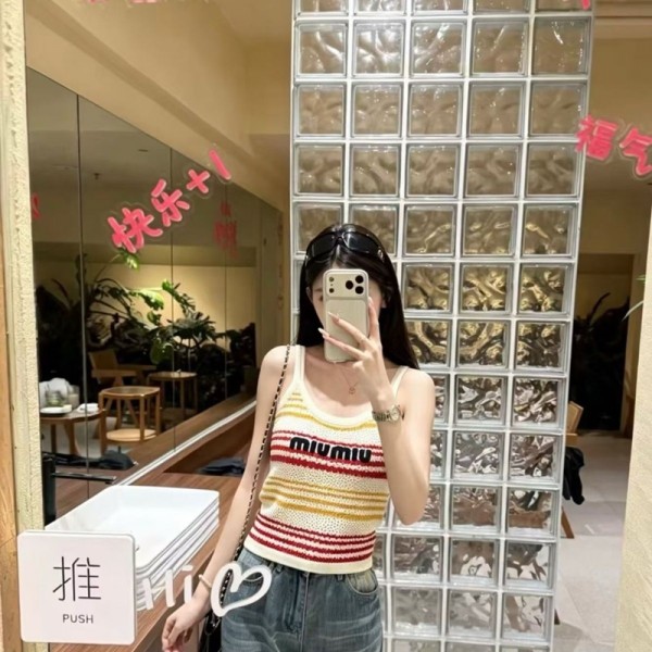 ミュウミュウ MiuMiuブランド タンクトップ  韓国 レディース ニット ノースリーブ 夏 キャミソール Tシャツ 薄手 S-XL カットソー サマーニット ボーダー柄 おしゃれ ニットタンクトップス インナー 重ね着 レイヤード さらさら 柔らか カジュアル