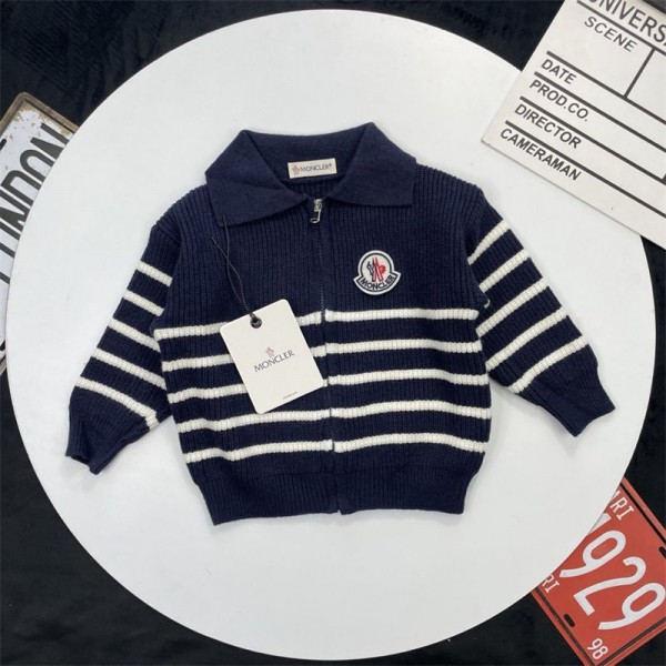 Moncler モンクレールハイブランドセーター キッズ 子供服 女の子 カーディガン 90 - 150cm リブニット セーラーカラー フィットシルエット バイカラー 防寒 トップス オシャレ 通園 通学 小学生 中学生 春 秋 冬