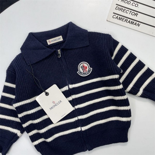 Moncler モンクレールハイブランドセーター キッズ 子供服 女の子 カーディガン 90 - 150cm リブニット セーラーカラー フィットシルエット バイカラー 防寒 トップス オシャレ 通園 通学 小学生 中学生 春 秋 冬
