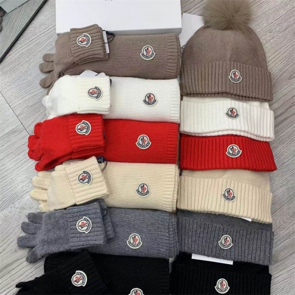 ブランド Ｍoncler ニット帽子 マフラー 手袋 3点セット メンズ レディース モンクレール ニット帽 ネックウォーマー グローブ カーフ 暖かい 防寒 保温 防寒 防風 スキー 自転車 アウトドア クリスマス 男女兼用
