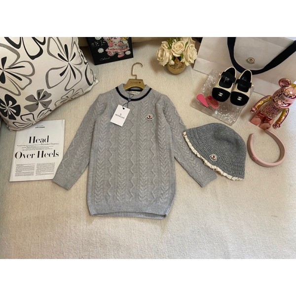 Moncler モンクレールブランドセーター ニットハット 子供服 2点セット キッズ ニット 秋冬 ロング ブルオーバー クールネック 長袖 100-140cm 厚手 暖かい 防寒 柔らかい コットン 可愛い 通