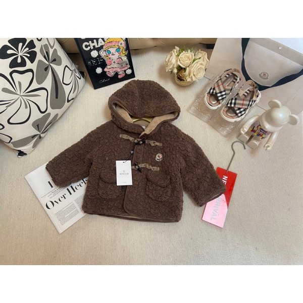 Moncler モンクレールハイブランド子供服 ボアコート 女の子 フリースコート もこもこ 裏起毛 アウター 厚手 長袖 フード付き かわいい キッズ 暖かい 秋 冬 防寒 防風 韓国風 ブラウン 90-140cm