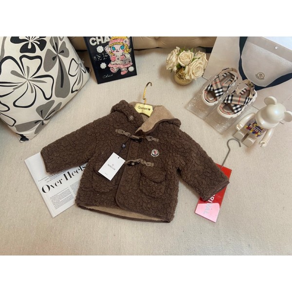 Moncler モンクレールハイブランド子供服 ボアコート 女の子 フリースコート もこもこ 裏起毛 アウター 厚手 長袖 フード付き かわいい キッズ 暖かい 秋 冬 防寒 防風 韓国風 ブラウン 90-140cm