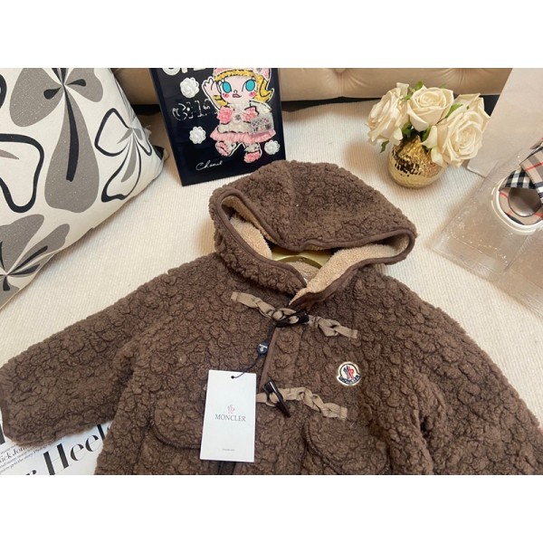 Moncler モンクレールハイブランド子供服 ボアコート 女の子 フリースコート もこもこ 裏起毛 アウター 厚手 長袖 フード付き かわいい キッズ 暖かい 秋 冬 防寒 防風 韓国風 ブラウン 90-140cm
