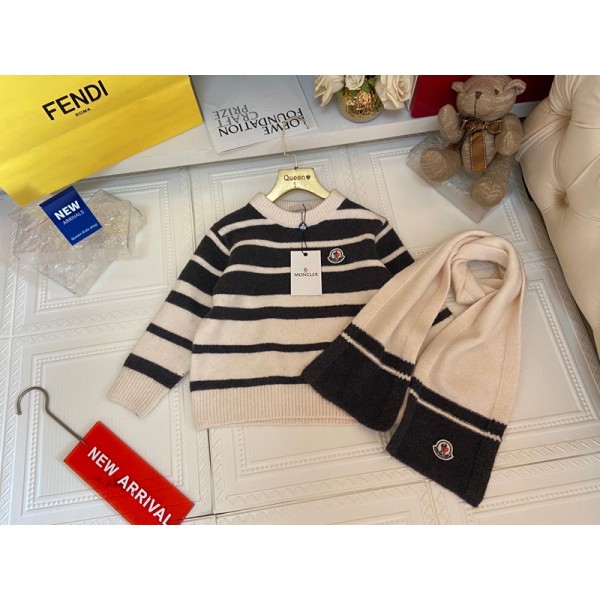 Moncler モンクレールブランド キッズ ニットセーター マフラー 2点セット 男の子 女の子 クルーネック 長袖ニット 丸首トップス 110～150cm 春秋冬 ストライプ シンプル 子供服 通学 ボーイズ ガールズ 下着 インナー 防寒