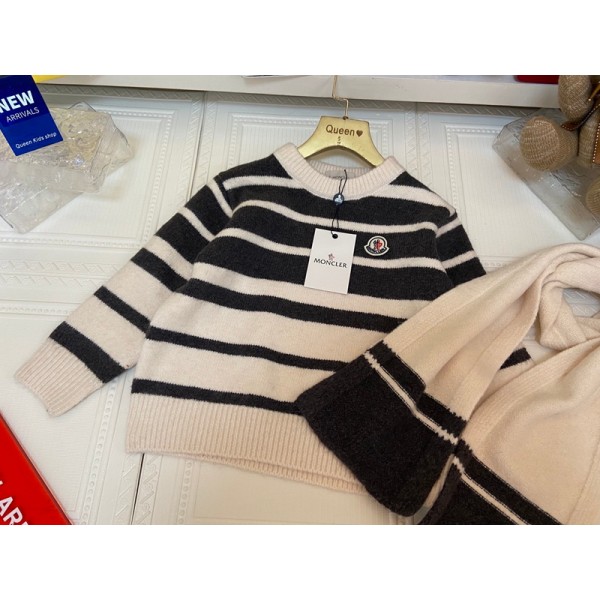 Moncler モンクレールブランド キッズ ニットセーター マフラー 2点セット 男の子 女の子 クルーネック 長袖ニット 丸首トップス 110～150cm 春秋冬 ストライプ シンプル 子供服 通学 ボーイズ ガールズ 下着 インナー 防寒
