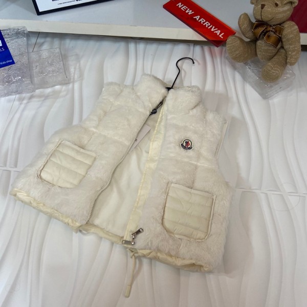 Moncler モンクレールブランド子供ボアベスト キッズ もこもこ ホワイト ジップアップ ファーベスト ノースリーブアウター ノースリーブ アウター 重ね着 暖かい ゆったり カジュアル 110¬170cm 防寒着 お出かけ 部屋着 秋 冬