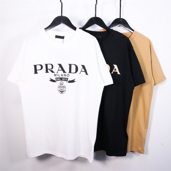 プラダ Tシャツ メンズ 半袖 ブランド Prada レディース上着 潮流 トップス 定番 人気 カジュアル 綿シャツ 丸首 柔らかい 肌触り良い 高品質 ファッション S-4XL