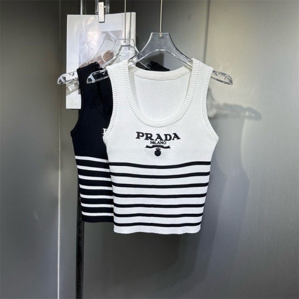 Prada プラダハイブランド ノースリーブ レディース tシャツ Uネック 刺繍 タンクトップ 速乾 涼しい ストレッチ フレンチスリーブ 夏 トップス しわになりにくい