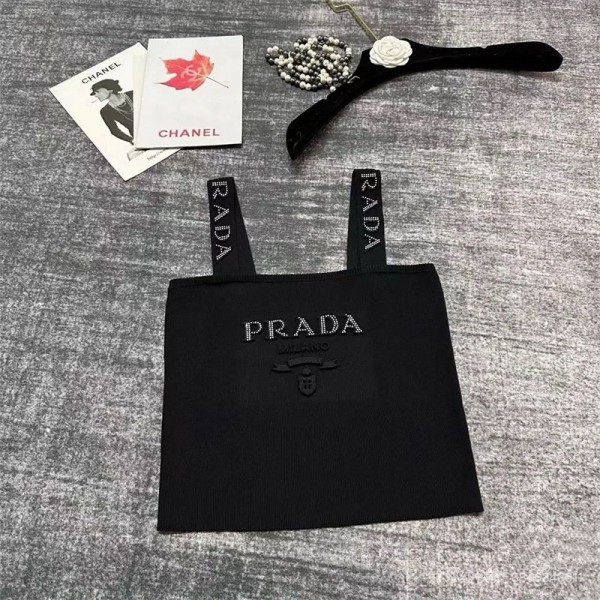 Prada プラダハイブランドニットタンクトップ レディース トップス ニット ノースリーブ ショート丈 へそ出し重ね着 ブラ紐隠し 夏 キャミソール Tシャツ 薄手 カットソー キャミソール S - L