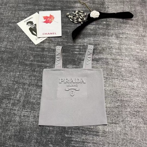 Prada プラダハイブランドニットタンクトップ レディース トップス ニット ノースリーブ ショート丈 へそ出し重ね着 ブラ紐隠し 夏 キャミソール Tシャツ 薄手 カットソー キャミソール S - L
