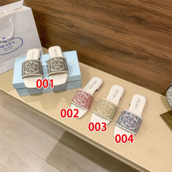Prada プラダブランド サンダル 美脚 軽量 カジュアル ミュール パンプス ラバー ソール  225 ¬260cm オープントゥ 太 ヒール レディース 社内 歩きやすい 軽い 夏 シューズ 痛くない 春 外履き 上履き 滑り止め 韓国