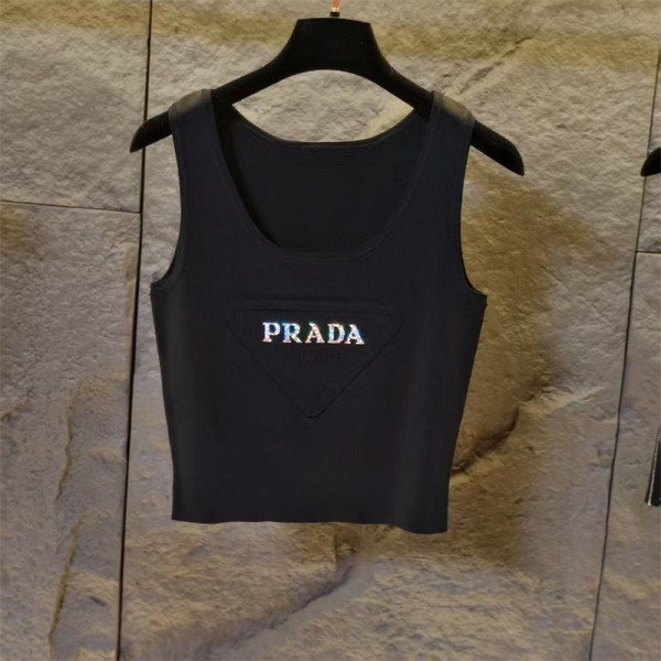 Prada プラダブランドタンクトップ ニット レディース ショート丈 薄手 インナー ノースリーブ 重ね着 カットソー トップス リブ キャミソール 無地 柔らかい 部屋着 春 夏 秋