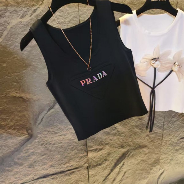 Prada プラダブランドタンクトップ ニット レディース ショート丈 薄手 インナー ノースリーブ 重ね着 カットソー トップス リブ キャミソール 無地 柔らかい 部屋着 春 夏 秋