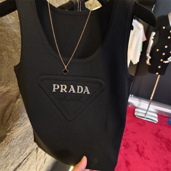 Prada プラダブランドタンクトップ ニット レディース ショート丈 薄手 インナー ノースリーブ 重ね着 カットソー トップス リブ キャミソール 無地 柔らかい 部屋着 春 夏 秋