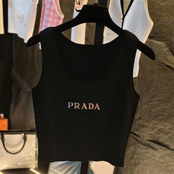 Prada プラダブランドタンクトップ ニット レディース ショート丈 薄手 インナー ノースリーブ 重ね着 カットソー トップス リブ キャミソール 無地 柔らかい 部屋着 春 夏 秋