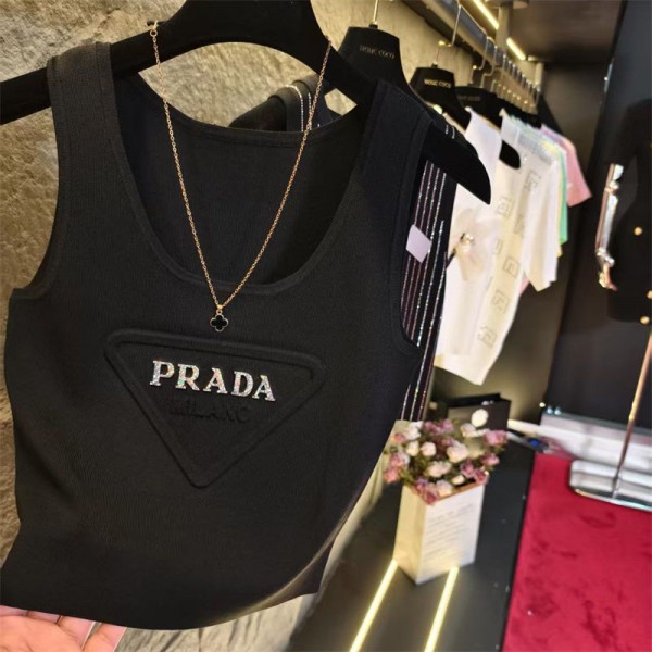 Prada プラダブランドタンクトップ ニット レディース ショート丈 薄手 インナー ノースリーブ 重ね着 カットソー トップス リブ キャミソール 無地 柔らかい 部屋着 春 夏 秋