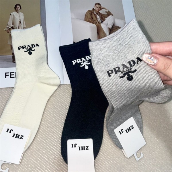 Prada プラダブランド ハイソックス 大人気ブランドミドルソックス 高品質 厚手ソックス 女の子好き 韓国上質な コットン ソックス くつした4足セット