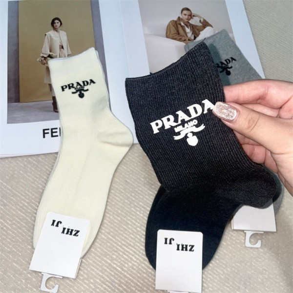 Prada プラダブランド ハイソックス 大人気ブランドミドルソックス 高品質 厚手ソックス 女の子好き 韓国上質な コットン ソックス くつした4足セット