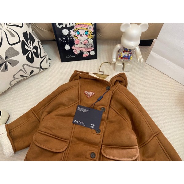 Prada プラダハイブランド子供 ボアジャケット キッズ フリースコート 女の子トレンチコート子供服 アウター フード付き 裏フリース 上着 防寒 ブルゾン ダッフルコート オーバー 保温 かわいい 無地 秋冬 90-130cm