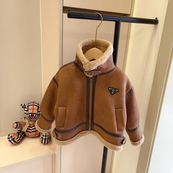 Prada プラダブランド子供レザージャケット キッズ 革ジャケット 冬ジャケット 裏ボア 子ども アウター ボイーズ 皮コート 革ジャン 防風 防寒 かっこいい 90-170cm