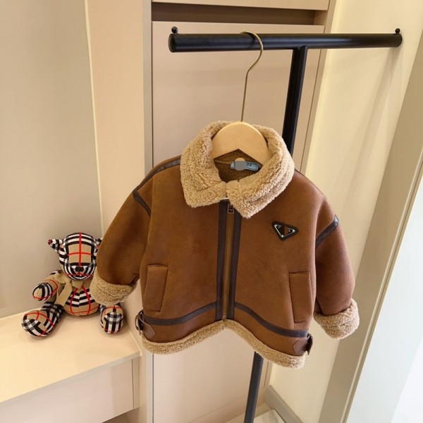 Prada プラダブランド子供レザージャケット キッズ 革ジャケット 冬ジャケット 裏ボア 子ども アウター ボイーズ 皮コート 革ジャン 防風 防寒 かっこいい 90-170cm