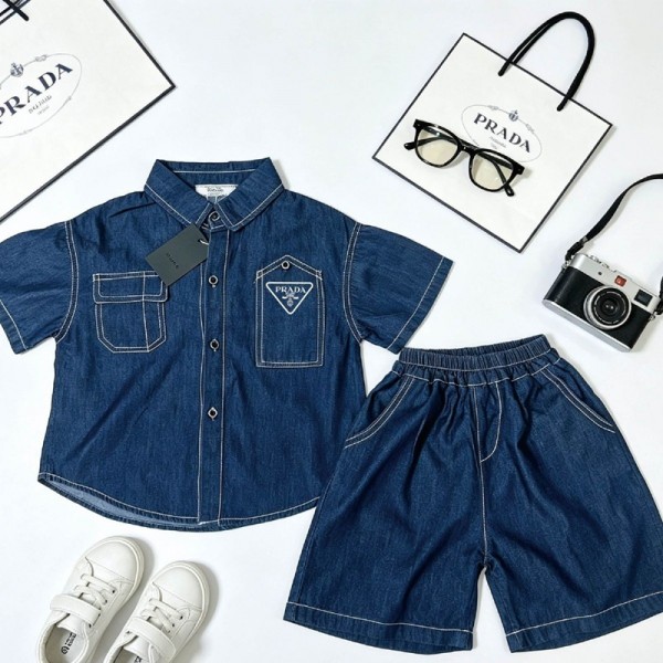 Prada プラダハイブランド子供服 ガールズ デニムセットアップ トップス+ショーツ 女の子 2点セット 90-150cm ジャケットシャツ 半ズボン 半袖 デニム おしゃれ カジュアル 韓国服 通学 普段着 運動着 ジュニア服 アウター 春 夏 秋