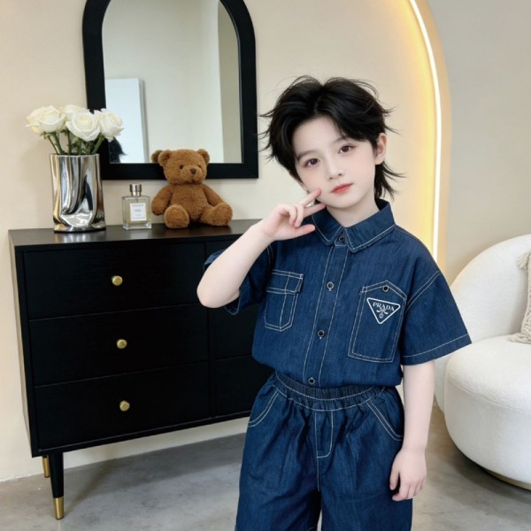 Prada プラダハイブランド子供服 ガールズ デニムセットアップ トップス+ショーツ 女の子 2点セット 90-150cm ジャケットシャツ 半ズボン 半袖 デニム おしゃれ カジュアル 韓国服 通学 普段着 運動着 ジュニア服 アウター 春 夏 秋