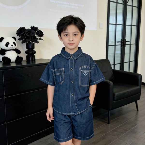 Prada プラダハイブランド子供服 ガールズ デニムセットアップ トップス+ショーツ 女の子 2点セット 90-150cm ジャケットシャツ 半ズボン 半袖 デニム おしゃれ カジュアル 韓国服 通学 普段着 運動着 ジュニア服 アウター 春 夏 秋