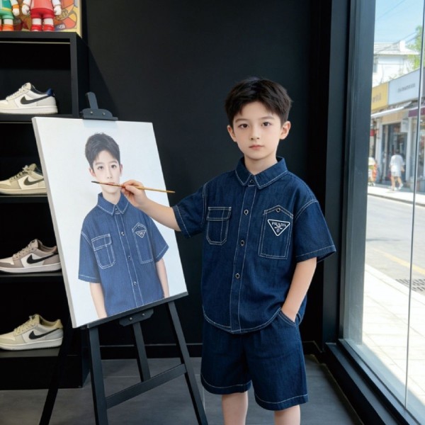 Prada プラダハイブランド子供服 ガールズ デニムセットアップ トップス+ショーツ 女の子 2点セット 90-150cm ジャケットシャツ 半ズボン 半袖 デニム おしゃれ カジュアル 韓国服 通学 普段着 運動着 ジュニア服 アウター 春 夏 秋