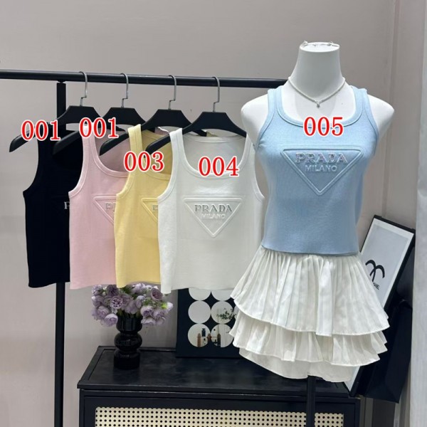 Prada プラダハイブランドタンクトップ レディース ニット ノースリーブ 夏 キャミソール リブニット 5色 S-XL 薄手 カットソー サマーニット 無地 おしゃれ ニットタンクトップス インナー 重ね着 レイヤード さらさら 柔らか カジュアル