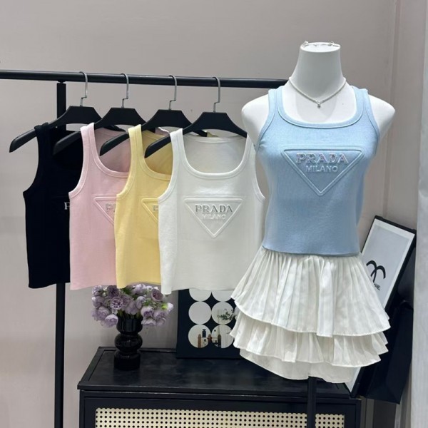 Prada プラダハイブランドタンクトップ レディース ニット ノースリーブ 夏 キャミソール リブニット 5色 S-XL 薄手 カットソー サマーニット 無地 おしゃれ ニットタンクトップス インナー 重ね着 レイヤード さらさら 柔らか カジュアル