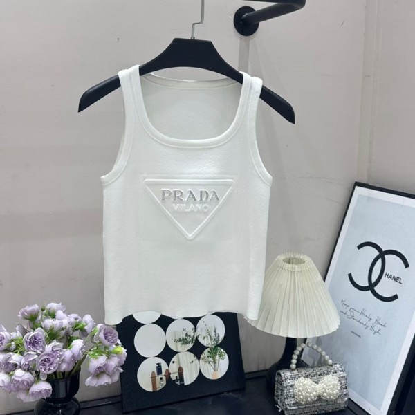 Prada プラダハイブランドタンクトップ レディース ニット ノースリーブ 夏 キャミソール リブニット 5色 S-XL 薄手 カットソー サマーニット 無地 おしゃれ ニットタンクトップス インナー 重ね着 レイヤード さらさら 柔らか カジュアル
