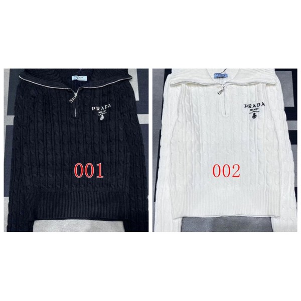 プラダpradaケーブル編み ハーフジップニットプルオーバー レディース 2 色展開 オフホワイト / ブラックプラダprada 柔らかケーブル編み ハーフジップニットセーター 通勤 