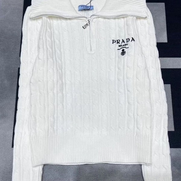 プラダpradaケーブル編み ハーフジップニットプルオーバー レディース 2 色展開 オフホワイト / ブラックプラダprada 柔らかケーブル編み ハーフジップニットセーター 通勤 