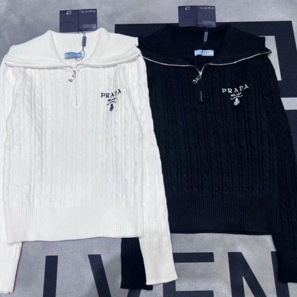 プラダpradaケーブル編み ハーフジップニットプルオーバー レディース 2 色展開 オフホワイト / ブラックプラダprada 柔らかケーブル編み ハーフジップニットセーター 通勤 