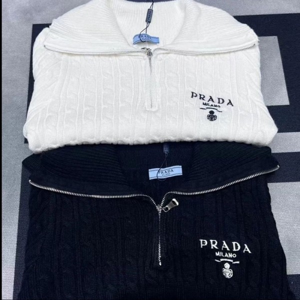 プラダpradaケーブル編み ハーフジップニットプルオーバー レディース 2 色展開 オフホワイト / ブラックプラダprada 柔らかケーブル編み ハーフジップニットセーター 通勤 