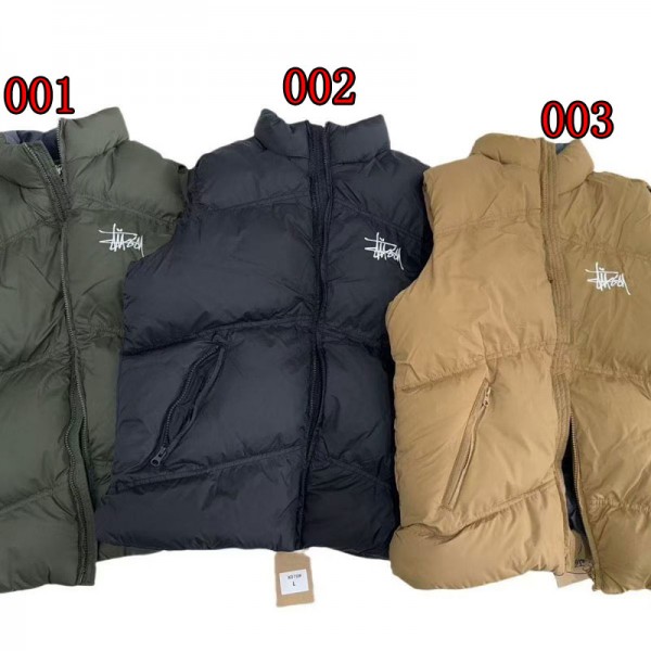 Stussy ステューシーブランドダウンベスト レディース 冬 軽量 防寒 S-2XL ライトダウン 暖かい 防風 保温 厚手 襟あり インナー パファー ポケット付き 無地 おしゃれ