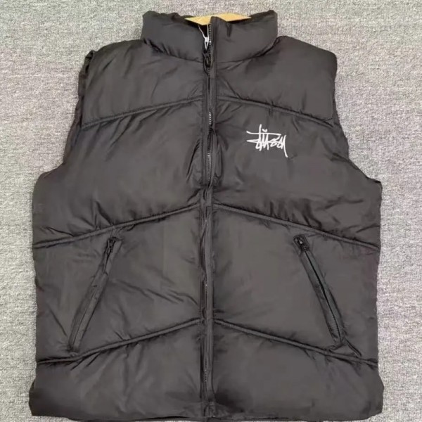 Stussy ステューシーブランドダウンベスト レディース 冬 軽量 防寒 S-2XL ライトダウン 暖かい 防風 保温 厚手 襟あり インナー パファー ポケット付き 無地 おしゃれ