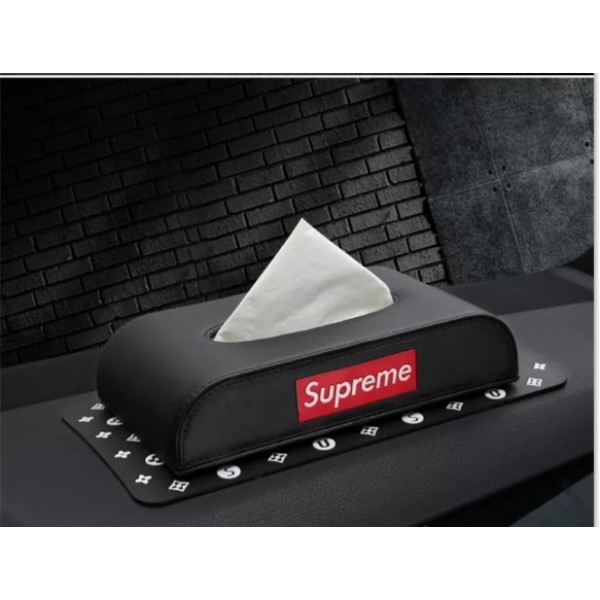 ブランド シュプリーム ティッシュケース カー用品 PU革製 SUPREME ティッシュボックス 滑り止めマット付き ２点セット 家庭用品 ペーパー収納 おしゃれ 車用アクセサリー 耐久性 ファッション 人気 メンズ