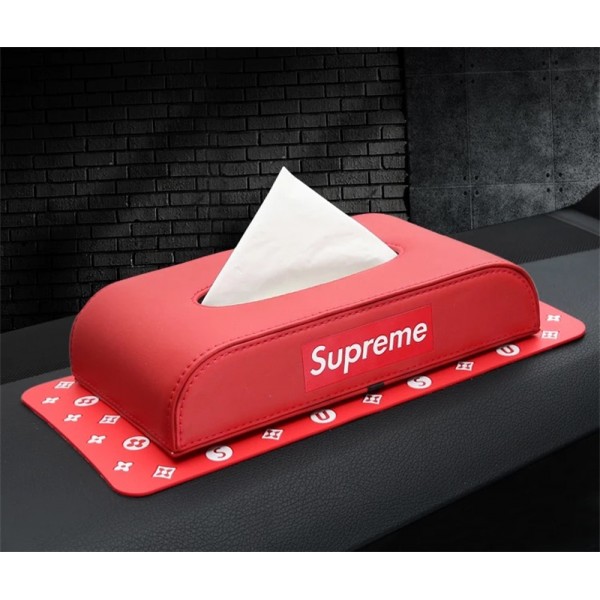 ブランド シュプリーム ティッシュケース カー用品 PU革製 SUPREME ティッシュボックス 滑り止めマット付き ２点セット 家庭用品 ペーパー収納 おしゃれ 車用アクセサリー 耐久性 ファッション 人気 メンズ