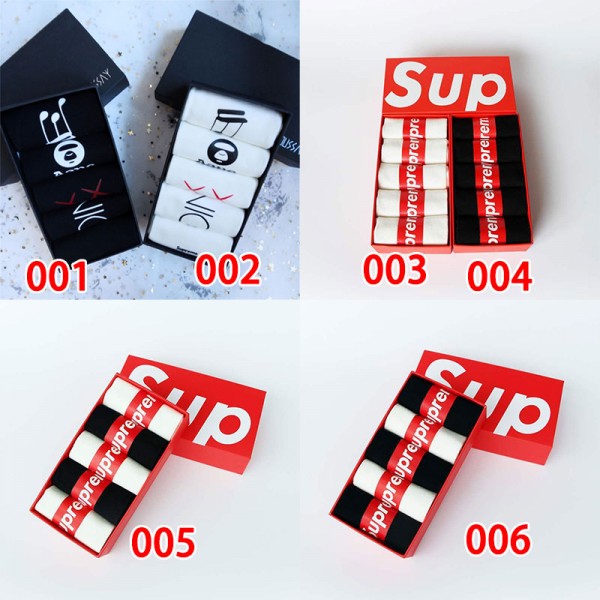Supreme シュプリームコットン 靴下 5足セット メンズ 通気性ブランドミドルソックス 高品質浅口ソックス 女の子好き 韓国ブランドソックス 男女兼用 ファッション