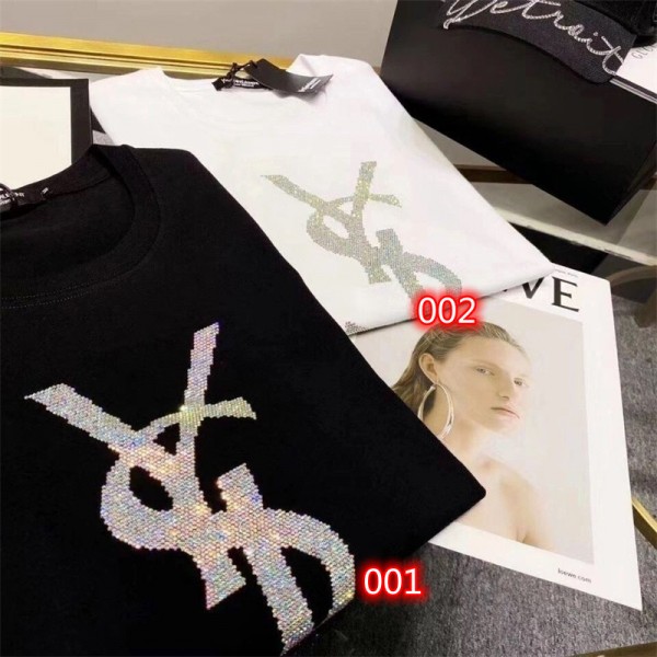 イヴサンローラン Tシャツ 半袖 ブランド YSL レディース 上着 ラインストーン付き キラキラ カジュアル 丸首 コットン製 女性 ロンT 個性 ファッション 高品質 大きいサイズ S~7XL