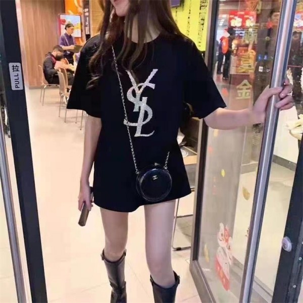 イヴサンローラン Tシャツ 半袖 ブランド YSL レディース 上着 ラインストーン付き キラキラ カジュアル 丸首 コットン製 女性 ロンT 個性 ファッション 高品質 大きいサイズ S~7XL