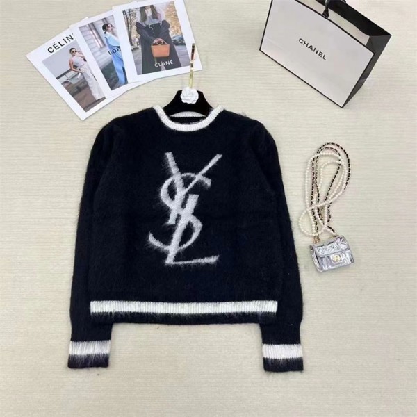 YSL イブサンローラン セーター ブランド 白黒 丸首 モノグラム 女性 2023新品 秋冬