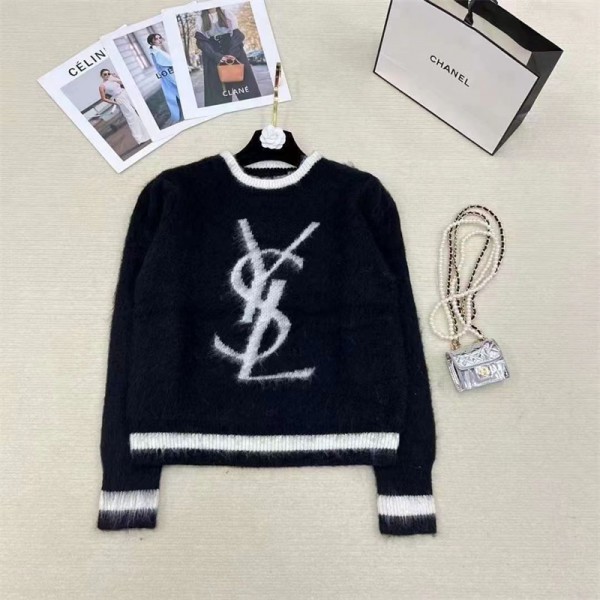 YSL イブサンローラン セーター ブランド 白黒 丸首 モノグラム 女性 2023新品 秋冬