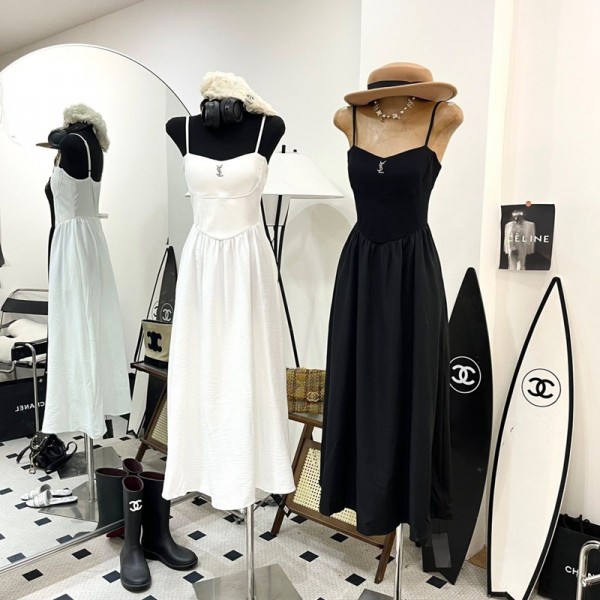 イヴサンローランキャミワンピース レディースブランドYSL 夏 ロングドレス Aライン ワンピース ゆったり 体型カバー リゾート 無地 | ワンピ シンプル キャミソールワンピース
