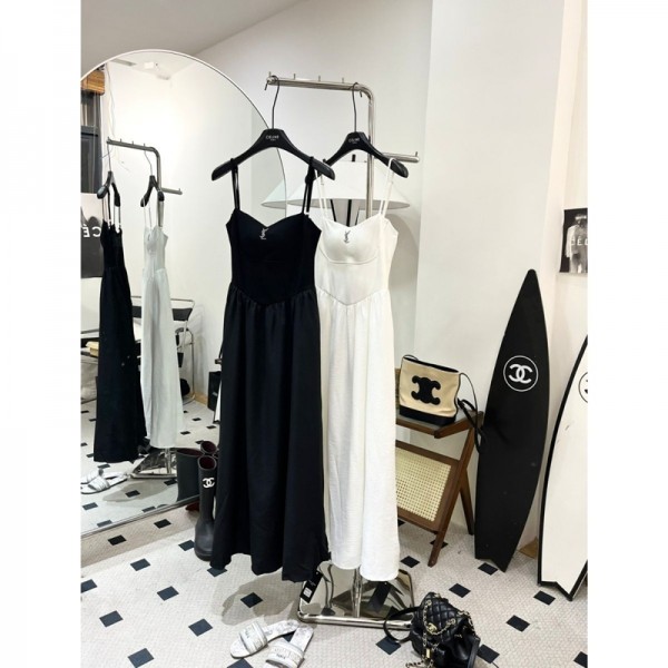 イヴサンローランキャミワンピース レディースブランドYSL 夏 ロングドレス Aライン ワンピース ゆったり 体型カバー リゾート 無地 | ワンピ シンプル キャミソールワンピース